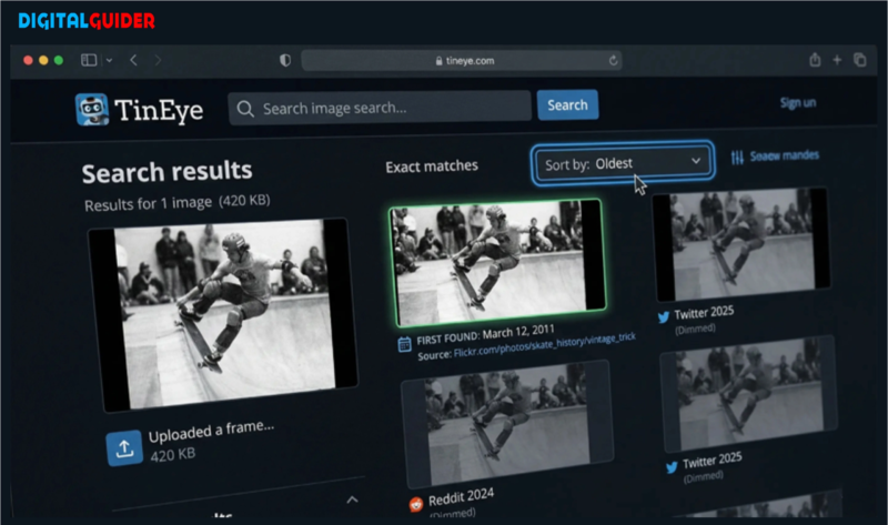 Reverse keyframe search results organized beside a verification log containing sources and authorization evidence