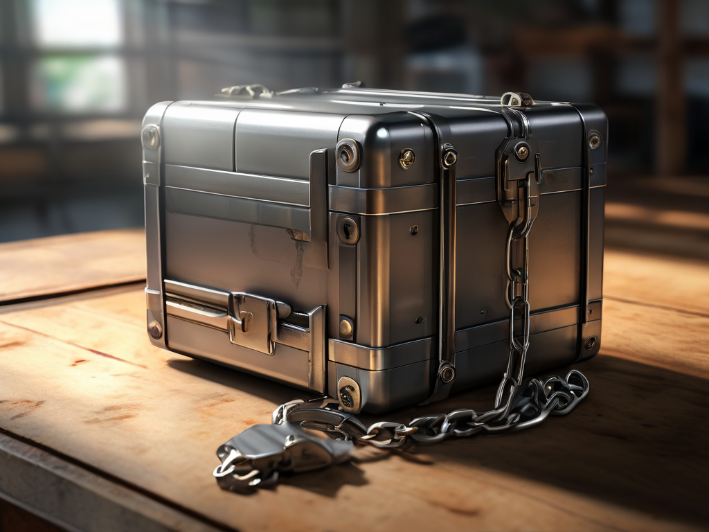 Sealed metal storage case with short chain and separate file-location blocks on brushed steel surface in morning light.