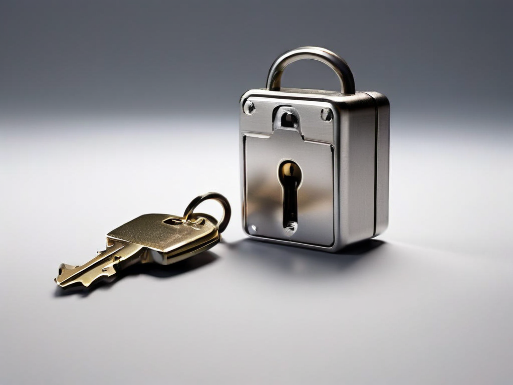 Small metal lock, closed key case, and blank security card on gray studio surface for account safety metaphor.