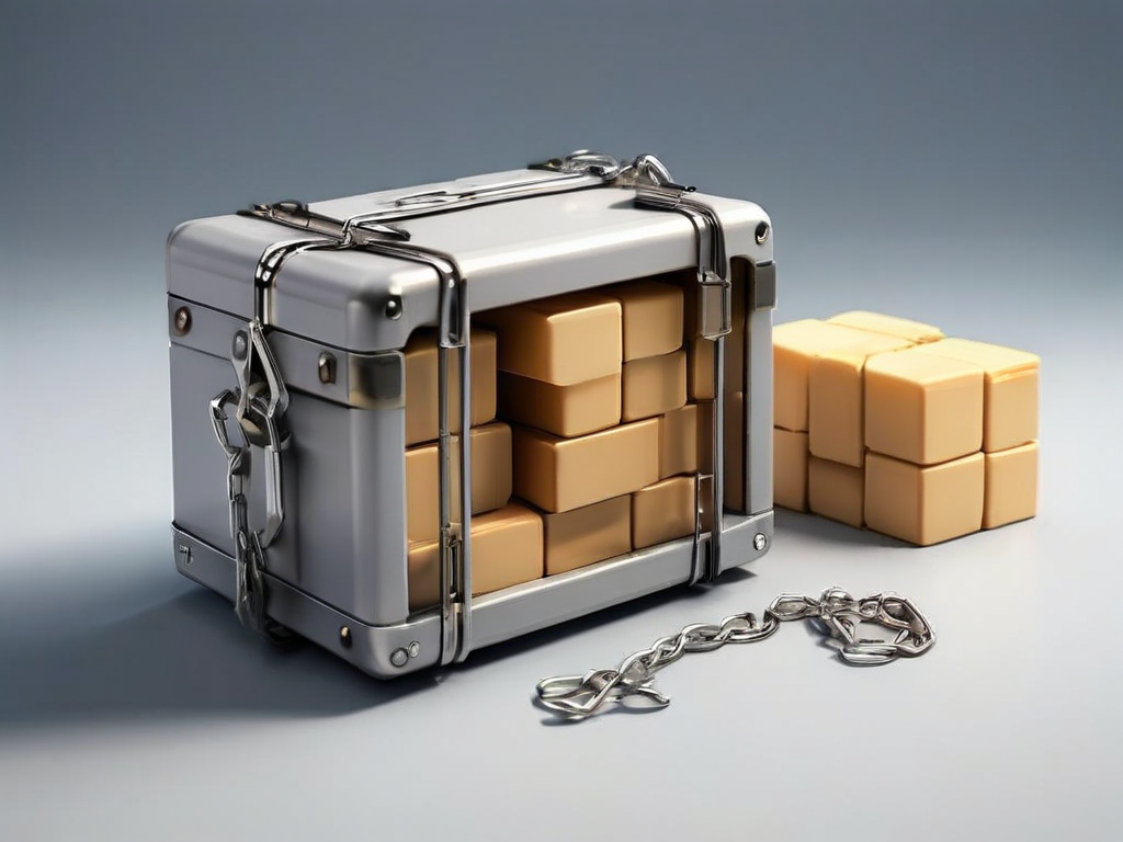 A sealed metal case with a short chain and small blocks representing file locations on a matte gray surface.