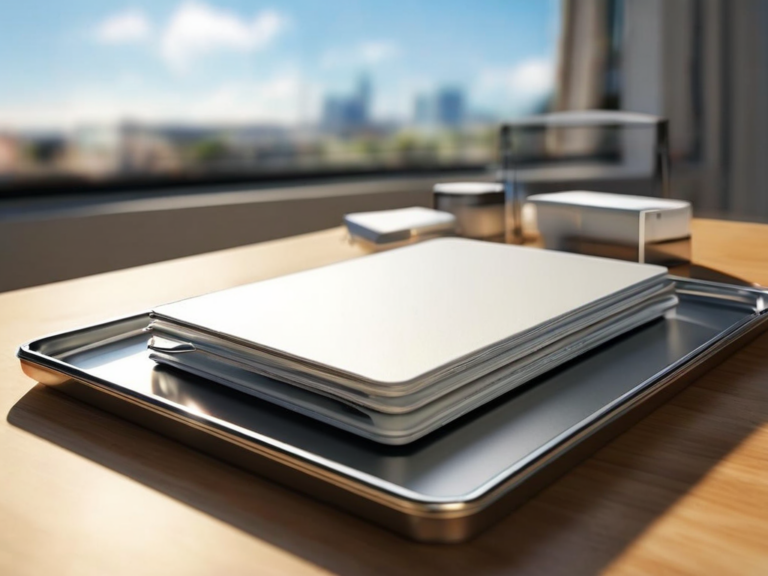 Blank divider cards and a compact storage tray on a brushed metal surface, organized for reference, with soft morning light.